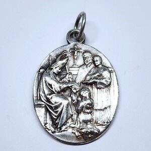 Vintage Silver Tone Holy Eucharist Medal Pendant First Communion Ornate